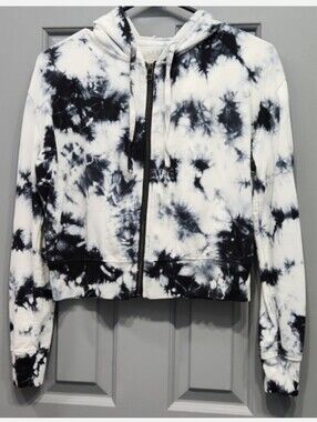 NWOT Sundown by Splendid Black White Tie Dye Full Zip Crop Hoodie Jacket XS